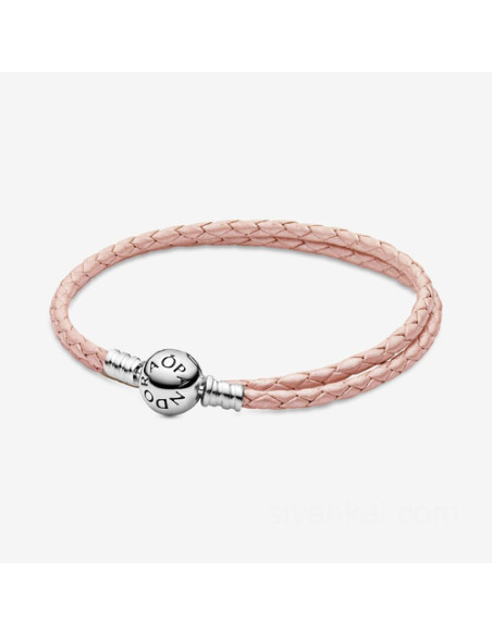 Brazalete Pandora de cuero doble trenzado rosa 590745CMP-D