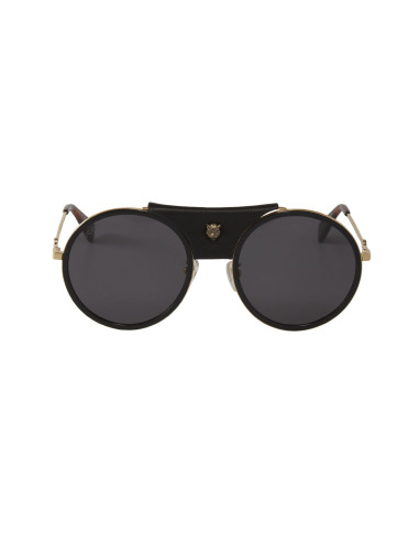 Gucci Gg0061s 016 Round Double Bridge Negro Dorado Piel Clasico | Sunnies.uno
